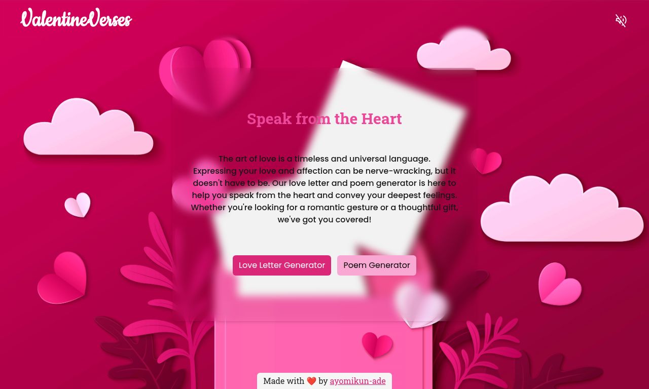 Screenshot of the Valentine Verses generator